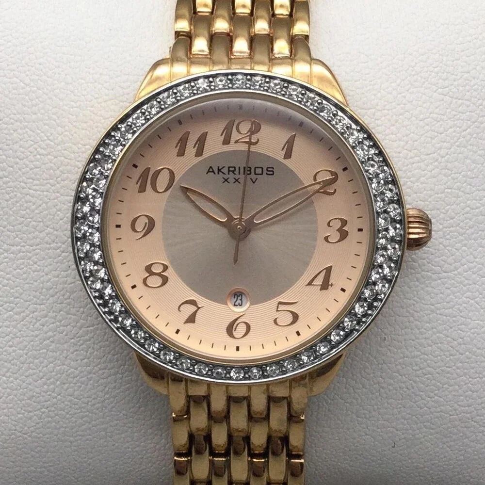 Akribos XXIV Womens Watch 33mm Gold Tone Crystals Date New Battery 7.5